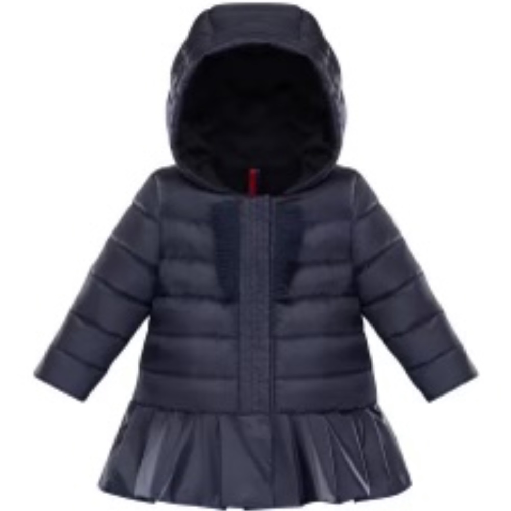 Moncler Girls Navy Quilted Hooded Puffer Coat with Pleated Hem